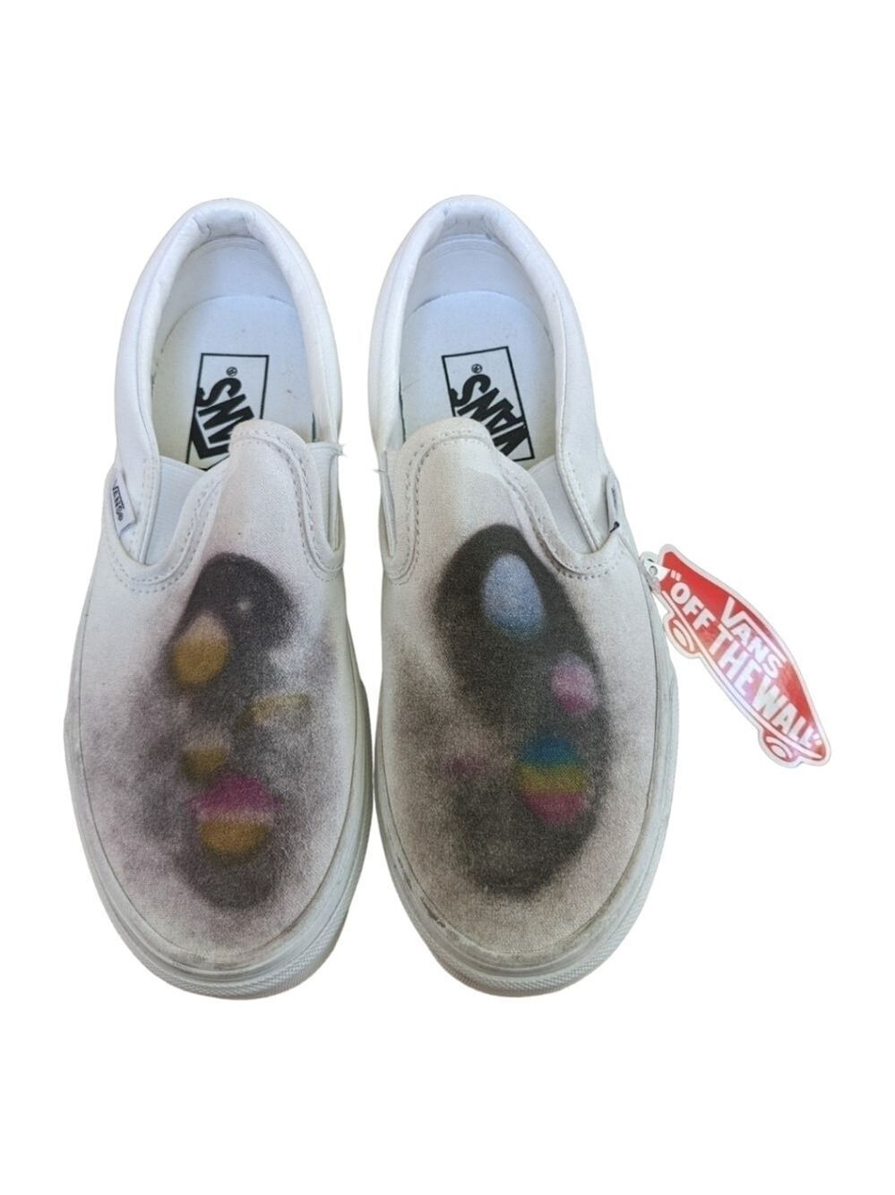 NEW Vans Classic White with multi-color Abstract,Wearable Art,Slip on, size 6